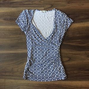 Blue and white Boden floral wrap top size 8